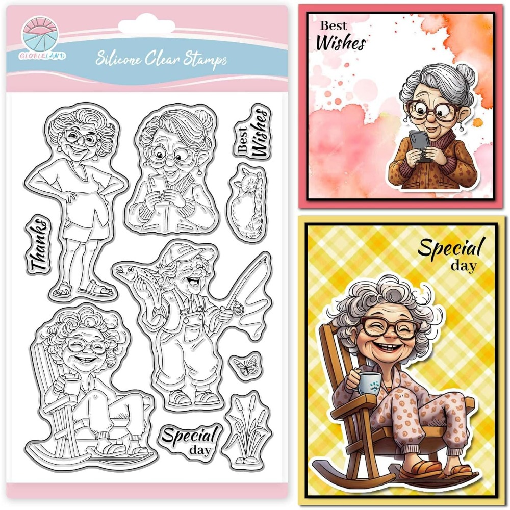 Clear Silicone Stamps For Card Making - Lächelnde alte Dame, transparente Stempel für