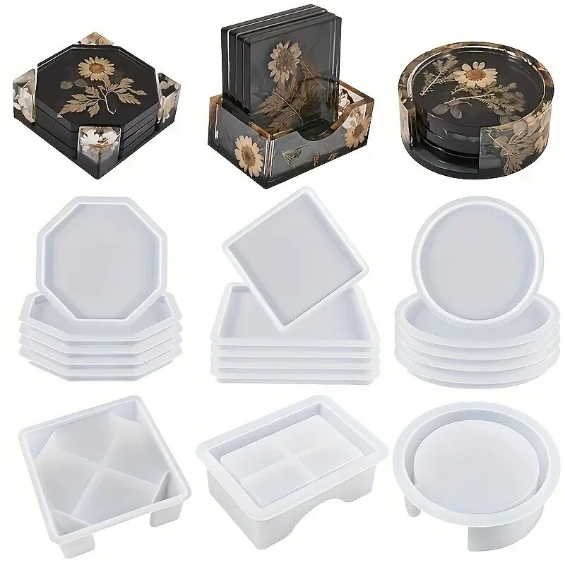 Silicone Epoxy Resin Molds Set - Untersetzer-Harz-Formen-Set, bestehend aus 1 Stück Untersetzer-Aufbewahrungsbox-Form,